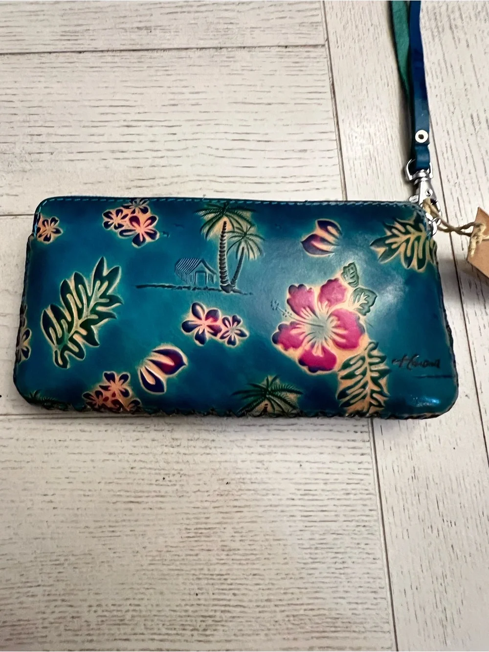 Hand-Painted Leather Teal Floral Wristlet Wallet - Anuschka Style *NWT*